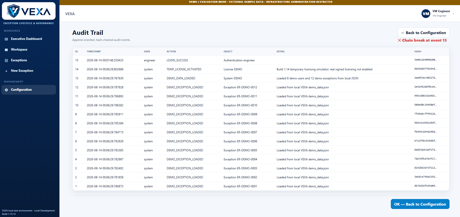 VEXA Audit Trail interface with fictional demonstration records